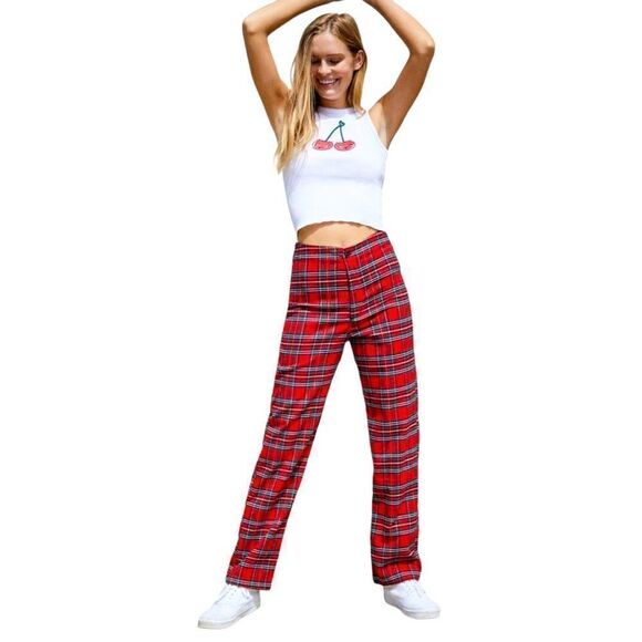 John Galt/Brandy Melville Kim Red Plaid High Waist Straight Stretch Pants Size S - Picture 1 of 8